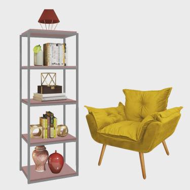 Imagem de Kit Poltrona Fatte com Estante Livreiro Ferro Cinza mdf Rose Suede Amarelo - Ahazzo Móveis