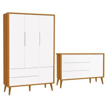 Imagem de Jogo de Quarto Infantil Theo Retrô Guarda Roupa 3 Portas e Cômoda 1 Porta com Pés Amadeirado - Reller Móveis Branco/Savana