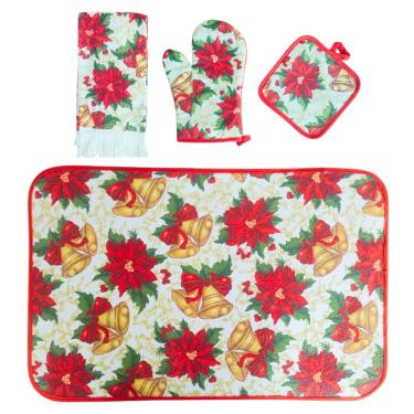 Imagem de Conjunto Para Cozinha 4 Peças Natal Tapete Luva Pegador e Pano de Prato Saldão