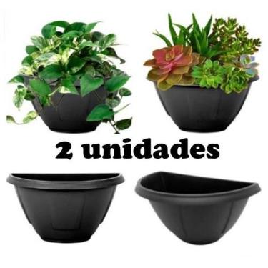 Imagem de Kit 02 Vaso Plástico De Parede Preto Meia Lua Pote Médio Vertical Muda