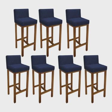 Imagem de Kit 07 Banqueta Alta Com Encosto Loren Cozinha Balcão Bistrô Base Madeira Castanho Suede Azul Marinho - Ahz Móveis