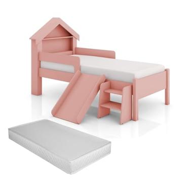 Imagem de Cama Casinha Infantil Berço Moderno Com Prateleiras Meninas Quarto Da Criança Princesa Com Grade Lateral De Proteção Com Escorregador E Escada Com Colchão