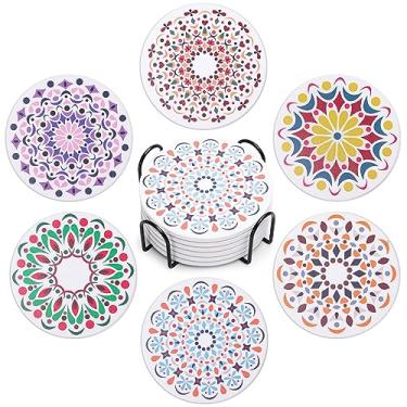 Imagem de Acejoz Porta-copos de bebida com suporte para mesa de café, porta-copos absorventes conjuntos de 6, porta-copos de cerâmica para mesa de madeira, adequado para tipos de copos, decoração de casa, 10 cm (mandala)
