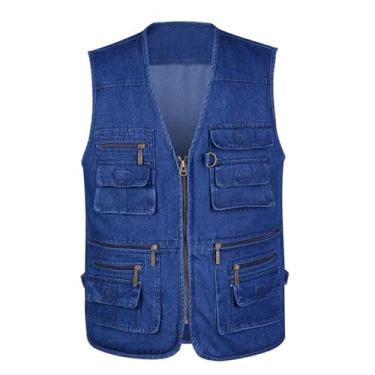 Imagem de Colete De Pesca Com Zíper Masculino, Colete Jeans Masculino Plus Size Leve Para Atividades Ao Ar Livre Com 16 Bolsos Para Pesca E Trabalho, Casaco Sem Mangas Para Fotografia De Viagem(7X-Large)