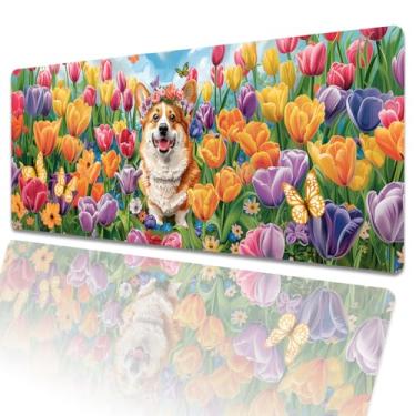 Imagem de amepay Lindo tapete de mouse Corgi para jogos, 80 x 30 cm, grande tapete de mesa estendido com base de borracha antiderrapante, mousepad grande de tulipa para laptop, computador, para decoração de