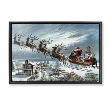 Imagem de Stupell Industries Arte de parede em tela flutuante emoldurada preta trenó sobre a cidade do Papai Noel, design por Arlington Prints, 25 x 17