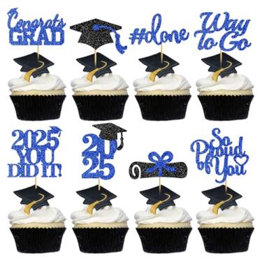 Imagem de 40 peças de enfeite de cupcake de formatura 2025 decorações de formatura classe de 2025 chapéu de formatura azul toppers de cupcake escolhas de formatura decorações de festa de formatura 2025
