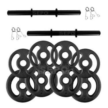 Imagem de Halter de 12Kg em Anilhas com 2 Barras Fitness Tubo Oca 40cm e Presilh