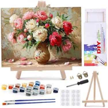 Imagem de MaiMMaledy Kit de pintura por números para adultos iniciantes 20 x 30 cm de comprimento com pintura de desenho emoldurado funciona com cavalete de triângulo de madeira, vaso de pigmento acrílico-B