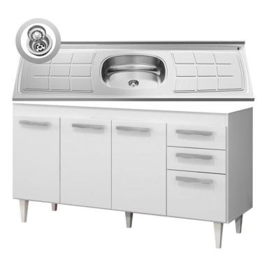 Imagem de Balcão Gabinete Lis E Pia Inox 150cm 4 Portas L03 Lis - Mpozenato Branco-castanho