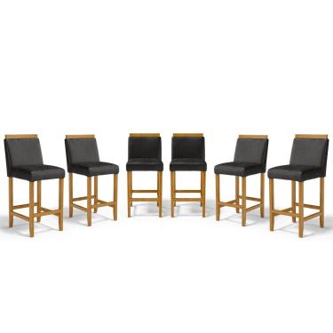Imagem de Kit Com 6 Banquetas Eloá Madeira Maciça Assento Estofado Para Bancada Courino Preto 503