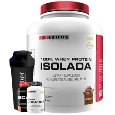 Imagem de Kit 100% Whey Protein Isolada 2kg + Power Creatina 100g + BCAA 100g + Coqueteleira - Bodybuilders (Médio, Chocolate)
