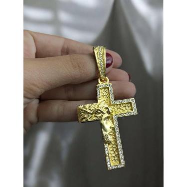 Imagem de Pingente Cruz Rosto Jesus Cristo Cravejada G Banhado Ouro