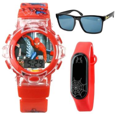 Imagem de Relogio Digital Homem Aranha Infantil + Oculos Proteção Uv Ajustavel Presente Vermelho...