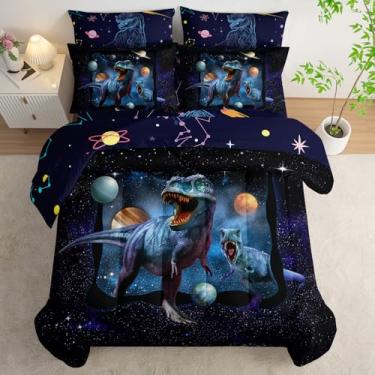 Imagem de AILONEN Jogo de edredom solteiro, dinossauro, galáxia espacial, 7 peças, cama macia em uma bolsa, dinossauro, lençol com elástico, lençol de cima e 2 fronhas, 2 fronhas para quarto
