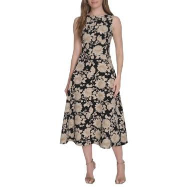 Imagem de Tommy Hilfiger Vestido midi feminino sem mangas com gola canoa e flare, Preto/preto e cinza, 42