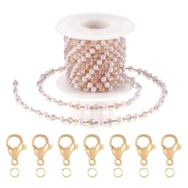 Imagem de Elecrelive Corrente de pérola sintética branca de 4,5 m, correntes de contas transparentes, colar de elos banhados a ouro com fechos para pulseira faça você mesmo, tornozeleira e acessórios de joias