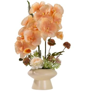 Imagem de LESING Arranjo de flores de orquídeas em vaso, flor artificial de orquídea de seda falsa com vaso de cerâmica, flor de orquídea sintética, bonsai vívido Phalaenopsis para decoração de vasos (vaso de