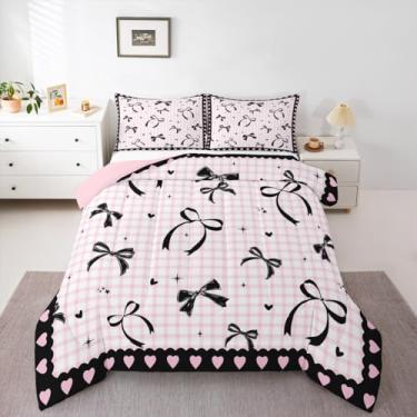 Imagem de Feelyou Conjunto de edredom com laço preto e rosa para meninas, meninos, crianças, tamanho casal, fofo, gravata borboleta, decoração de quarto, feminino, laço sonhador, princesa, coração, grades de