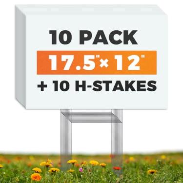 Imagem de WENWELL 10 placas de quintal em branco com estacas de metal H 43 x 30 cm, placa de venda de garagem imobiliária dupla face, placa de gramado de plástico ondulado, placas personalizadas para uso