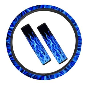 Imagem de GLENLCWE Capa de volante de carro Blue Flame e conjunto de almofada de cinto de segurança, capas de volante de 38 cm e capa de cinto de segurança ombreiras para mulheres e homens