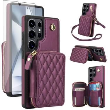 Imagem de Capa de celular para Samsung Galaxy S24 Ultra 5G carteira celular com protetor de tela de vidro temperado alça transversal de pulso com bloqueio de RFID compartimento para cartão S24Ultra 24S S 24