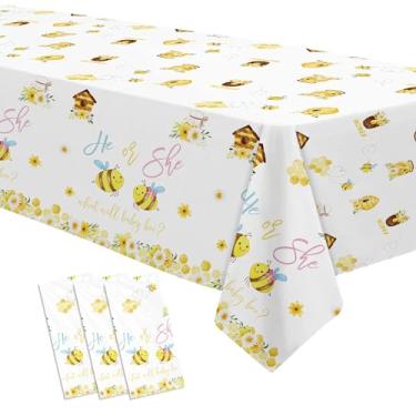 Imagem de FVABO What Will It Bee Gender Reveal Party Supplies Tablecloth, 3pcs Disposable He or She Bumble Bee Gender Reveal Decorations Tablecover for Baby Shower, 86in x 55in