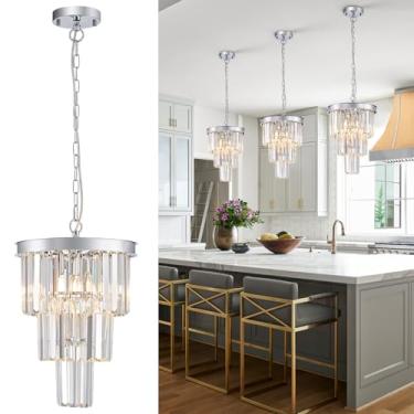 Imagem de Luminária pendente moderna de cristal cromado, 3 camadas K9 lustre de cristal mini luminária pendente de teto para cozinha, ilha, sala de jantar, corredor, quarto, armário