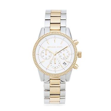 Imagem de Michael Kors Bryant Relógio feminino cronógrafo, aço inoxidável e cristal pavé para mulheres, Prata/ouro, 37MM, Bryant