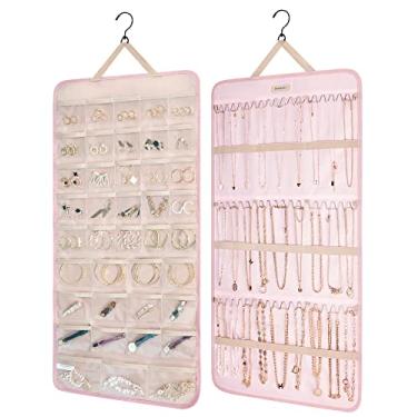Imagem de BAGSMART Rolo de armazenamento organizador de joias pendurado com ganchos de metal suporte de joias dupla face para brincos, colares, anéis no armário, parede, porta, 1 peça, extra grande, rosa