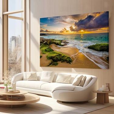 Imagem de Quadros Decorativos para Quarto Sala 40x60 Paisagem Praia Por do Sol Pedras Grande Escritório Hall