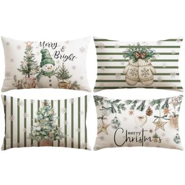 Imagem de OTOSTAR Conjunto de 4 capas de almofada Merry Christmas, 30 x 50 cm, luvas de boneco de neve alegre e brilhante, listradas, verde, decorativas, capas de almofada de inverno para sofá e sofá