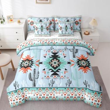 Imagem de Feelyou Conjunto de edredom azul do sudoeste asteca com lençol king size, geométrico, vintage, para meninos, meninas, adolescentes, boêmio, tribal, rústico, ocidental, exótico, cacto, 7 peças, macio