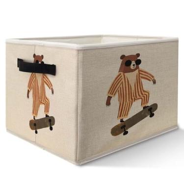Imagem de Likjad Cesta de armazenamento de urso, caixa de brinquedos para quarto de meninos, caixa de armazenamento de tecido dobrável de urso retrô moderno para quarto, banheiro, roupas, livros, brinquedos