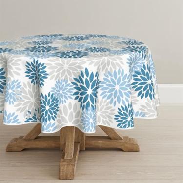 Imagem de Horaldaily Toalha de mesa azul cinza para dália, redonda, 177 x 177 cm, decoração de flores de geometria moderna, toalha de mesa lavável sazonal para decoração de festa, piquenique, jantar