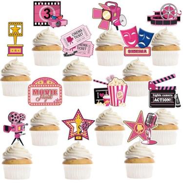 Imagem de MOIZYNG 24 Pcs Movie Night Cupcake Toppers, Pink Cinema Ticket Popcorn Star Cupcake Picks for Hollywood Theme Movie Theater Film Baby Shower Birthday Party Cake Decorations Supplies