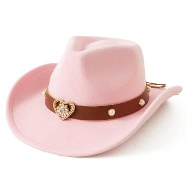 Imagem de Jastore Chapéu de cowboy ocidental para crianças, meninas, com fivela em forma de coração, chapéu de vaqueira, chapéus de festa de rodeio, Rosa claro, 6-12 Years
