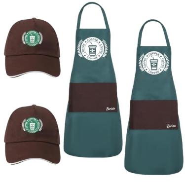 Imagem de Conjunto de 2 kits de fantasia de barista, avental verde de casal de barista verde e chapéu marrom para homens e mulheres, artigos de festa extravagantes de Halloween, cozinha