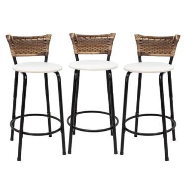 Imagem de Kit 3 Banquetas Para Balcão 60cm Preta Junco Cappuccino Balcão Bistrô 
