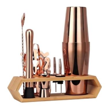 Imagem de ZZTWER Conjunto de coqueteleira de aço inoxidável de 10 peças, conjunto de coqueteleira com manivela manual com suporte de madeira, kit de bartender, conjunto de coqueteleira