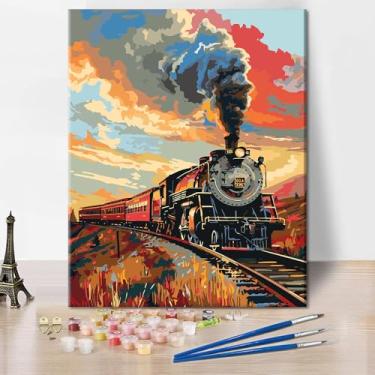 Imagem de TUMOVO Kit de pintura por números para adultos e adultos pintura por número - Trem a vapor vintage ferroviário era industrial arte em tela, maquinaria pintura DIY para adultos iniciantes (40,6 x 50,8