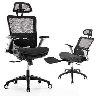 Imagem de Cadeira de escritório ergonômica de malha com apoio para os pés, cadeira executiva de mesa de computador com encosto de cabeça e apoios de braço 4D flip-up, trava de inclinação ajustável e suporte