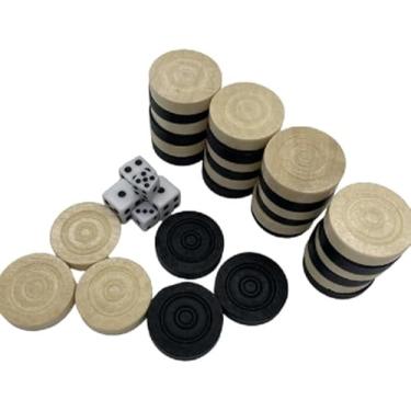 Imagem de 30 Pieces Wooden Backgammon Checkers Replacement Set Checker Board Games Playing Game Chips with 5 Dice Come with Drawstring Storage Pouch (Black&Beige 1.25 inch)