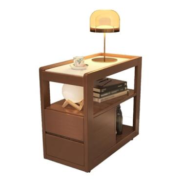 Imagem de Mesa lateral de sofá, mesa lateral de madeira maciça, placa de rocha, aparador de sofá com rodas, pequena mesa de chá, mesa de centro móvel, armário lateral criativo (nogueira)