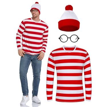 Imagem de URATOT Conjunto de fantasia de Halloween masculino adulto listrado vermelho e branco com óculos nerd
