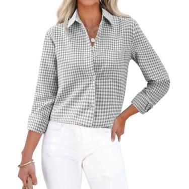 Imagem de Camisa social xadrez de siliteelon feminina de manga comprida com botõ