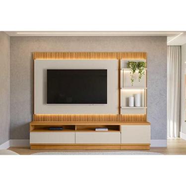Imagem de Home P/ Tv Até 70 Pol São Paulo Ripado C/ 3 Gav. 3 Prateleiras E Leds 238x198cm Tauari/off White Fosco - Linea Brasil