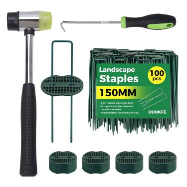 Imagem de Estacas de jardim, grampos de tecido de paisagem, grampos de jardim verdes galvanizados, 100 peças de grama, 100 juntas, removedor de grampo, martelo de borracha, grampos para pano de erva daninha