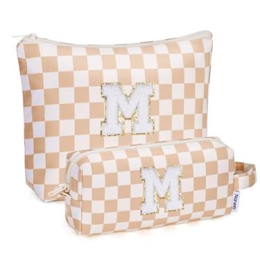 Imagem de Narwey Bolsa de maquiagem com inicial personalizada, 2 peças, xadrez, presentes de aniversário, presentes para meninas, itens modernos 6, 8, 10, 11, 12, 13, 14, 16, 18 anos, bolsa de higiene pessoal