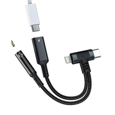 Imagem de Adaptador Lightning USB C para áudio de 3,5 mm para iPhone 16 15 14 13 Pro Max Conector de fone de ouvido (2 em 1) cabo divisor de carregador auxiliar para carregamento Apple compatível com Samsung